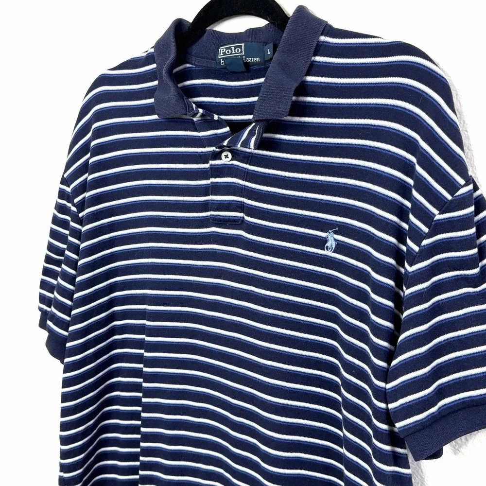 Polo Ralph Lauren Navy Blue Striped Polo Shirt‎ Men's Large Classic Fit